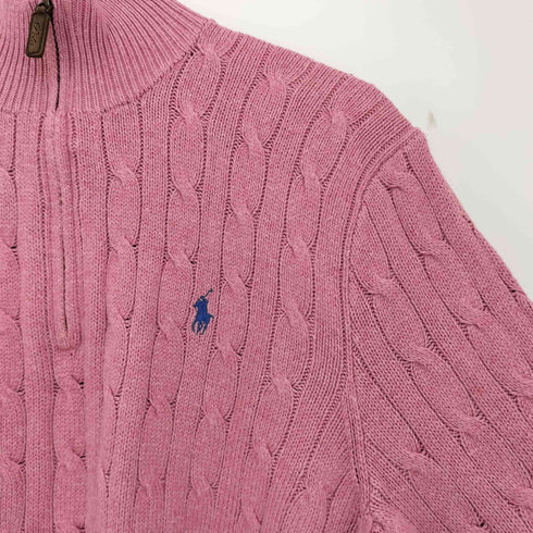 ポロバイラルフローレン Polo by RALPH LAUREN 00s ポニー刺繍 シルク100 ケーブル編み ハーフジップニット プルオーバー メンズ import:L